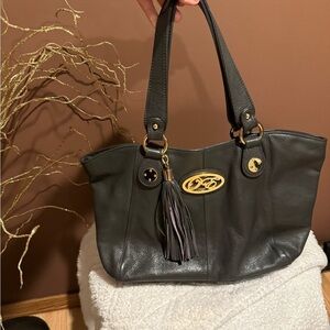 Onna Ehrlich Pebbled Leather Tote – Dark Gray with Gold Hardware & Tassel